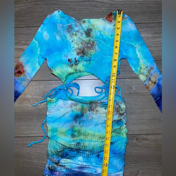 EUC Handmade OOAK Custom Hand Dyed Long Sleeve Square Neck Ruched Mini Dress - Picture 8 of 11